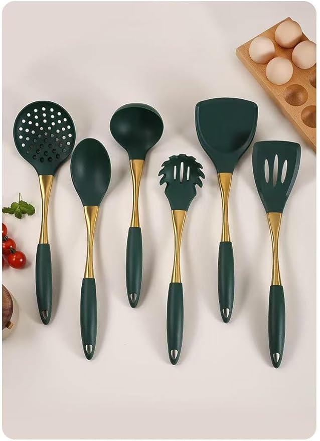 8-Piece Silicone Kitchen Utensil Set, White and Gold, Heat Resistant Cooking Tools with Comfort Handles- Includes Spatula & Spoon for Nonstick Cookware (Green & Gold)