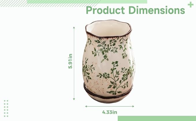 Farmhouse Utensil Holder, Floral Ceramic Chopstick Organizer, White & Green Flower Pattern, Vintage Kitchen Countertop Decor, 5.9 In