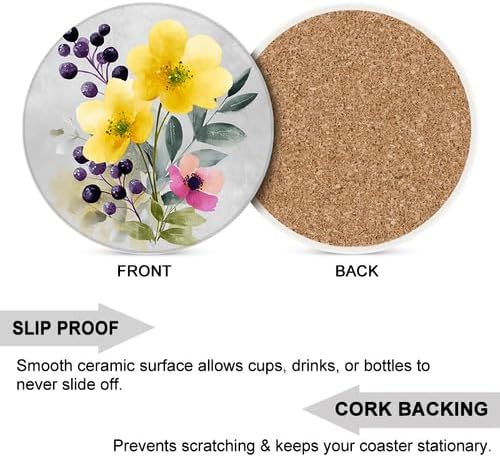 Ceramic Coasters Set of 4 Absorbent Stone Drink Coasters with Holder,Non-Slip Cork Backing,Yellow Flowers Coasters for Coffee Table,Desk & Home Decor