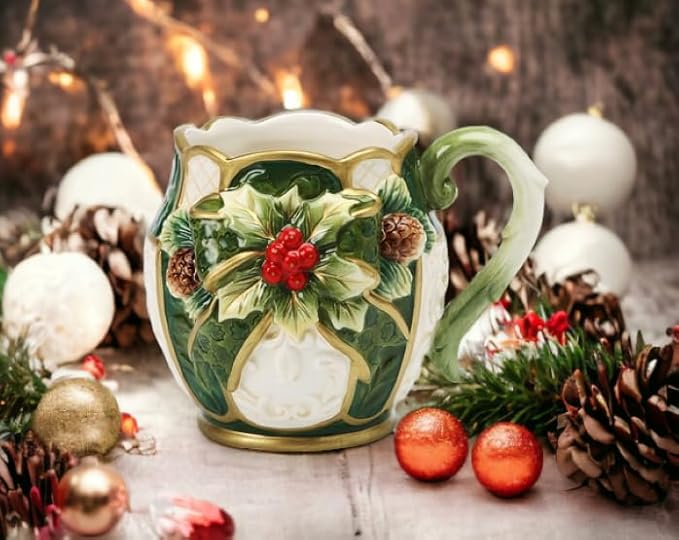 Cosmos Gifts 10305 Fine Ceramic Christmas Emerald Green Holly with Red Berry and Pine Cone Mug (4 Piece Set), 5.25" L