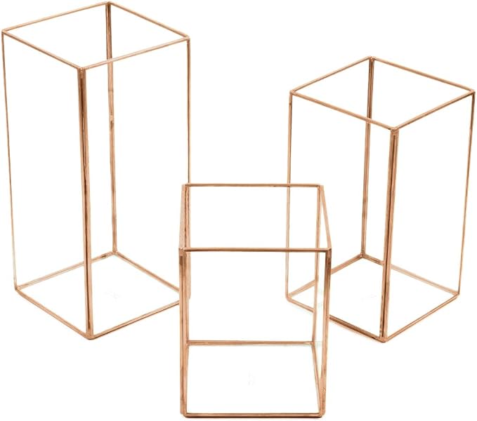 Koyal Wholesale 3PC Copper Candle Holder Lantern, Geometric Hurricane Candle Holder for Wedding Centerpieces, Table Decorations, Copper Lantern Decor for Events, Parties, and Home Centerpiece Display