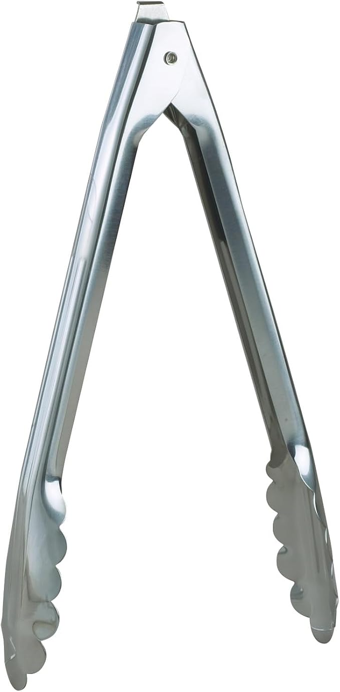 HIC Kitchen Spring Locking Kitchen Cooking Serving Tong, Scalloped Gripping Edge, Stainless Steel, 10-Inch, Set of 2
