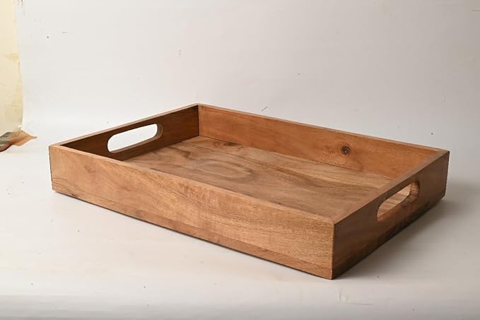 Premium Acacia Wooden Serving Tray with Handles – Large Decorative Food Serving Platter for Breakfast, Lunch, Dinner, Appetizers, Coffee Table & Home Décor | 14’’ x 10’’ x 2’’