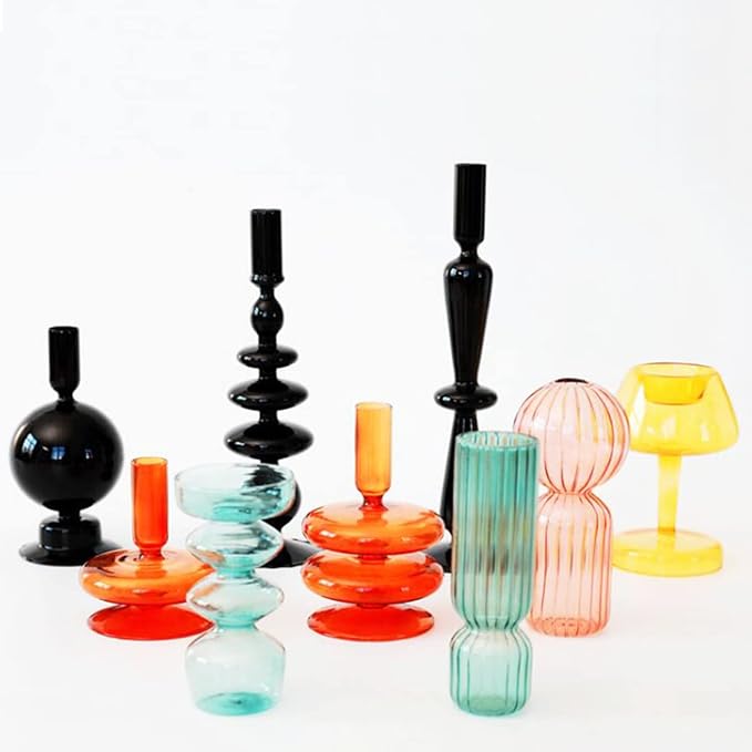 Colorful Glass Candle Holder Transparent Flower Vase Candlestick Holder Wedding Home Decor, B-Yellow