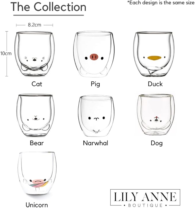 Lily Anne Boutique Cute Glass Drinking Cups - Cat,Duck,Dog,or Bear Double Wall Glass Cup - Use as a Glass Coffee Cup,Tea Cup,Cocktail Cup,or Milk Cup - Large 12.6oz Cups (Cat)