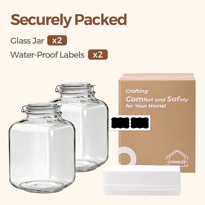 ComSaf 1.1 Gallon (4L) Square Glass Jars 2-Pack - Large Airtight Food Storage Canisters with Clamp Lids for Bulk Flour, Rice, Sugar, Coffee Beans, Fermentation, Pickling, Farmhouse Pantry Organization