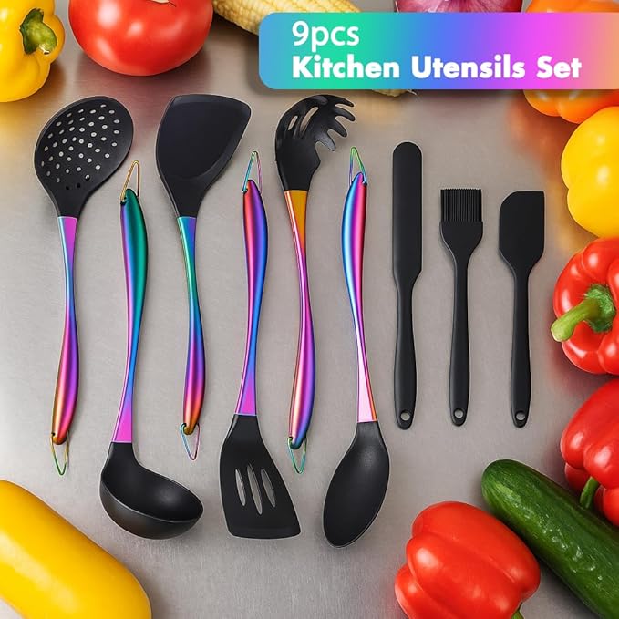 Silicone Cooking Utensils Set, 9Pcs Kitchen Utensil Set with Stainless Steel Handle, Heat-Resistant Silicone Utensils for Cooking, Non-Stick Spatula Set with Spoons, Turners, Ladle (Rainbow)