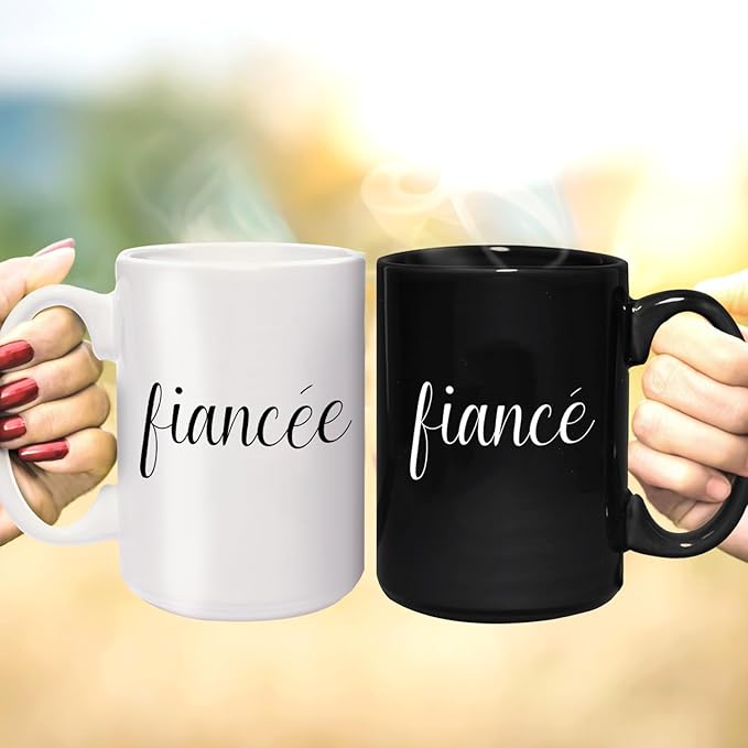 Canopy Street Fiance And Fiancee Mugs / 2 Jumbo 15 Ounce Engaged Couple Black And White Matching Ceramic Mugs/Modern Newlywed Relationship Engagement Cup Set/Wedding Coffee Drinkware