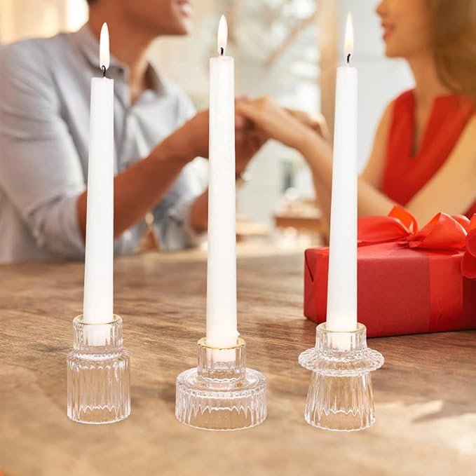 Vixdonos Taper Glass Candlestick Holders Tealight Candle Holders for Table Centerpieces, Wedding Decor and Dinner Party (3 Pcs, Gold Rim Clear)