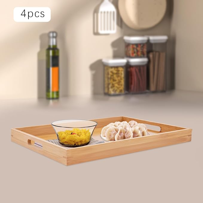 4 Pack Bamboo Tray-Serving Tray with Handles-Large Bamboo Wooden Tray, Food Trays for Home and Kitchen Serving Decorating Organizing, 18 x 13 x 1.4 in