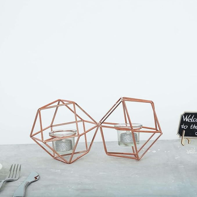 Efavormart 11.5" Rose Gold Geometric Candle Holder Set 2 Metal Geometric Centerpieces Joint Together