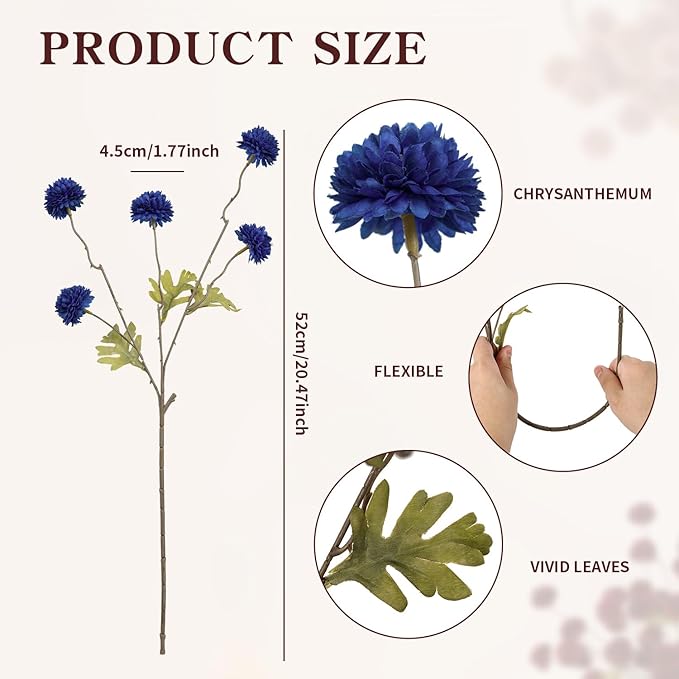 DuHouse 6pcs Artificial Flowers Faux Silk Pompon Mum,Silk Small Mini Chrysanthemum Ball with Stems for DIY Wedding Bouquets Centerpieces Vase Home Table Kitchen Decorations(Dark Blue)