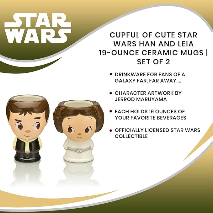 Cupful of Cute Star Wars Han Solo and Princess Leia 16-Ounce Ceramic Mugs, Set of 2 | Tumbler Cocktail Glasses For Home Barware Set | Coffee Cups For Espresso, Lattes | Romantic Gifts and Collectibles