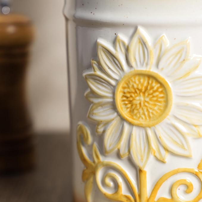 Retro Ceramic Sunflower Embossed Pattern Kitchen Utensil Holder, Large Cooking Utensil Crocks for Kitchen Countertop, Sunflower Utensil Organizer