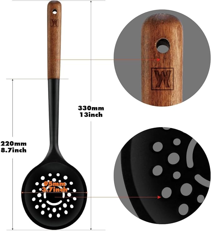 WAGENSTEIGER Silicon Cooking Skimmer Ladle with Wooden Handle: Slotted Cooking Spoon for Deep Frying Food, Food Separator, Heat Resistant, BPA Free, Gentle Head Design for Non-Stick Cookware