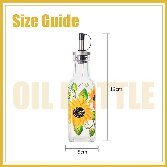 7oz Hand Painted Glass Olive Oil Bottle Dispenser - 200ml Green Oil & Vinegar Cruet with Pourers - Olive Oil Carafe Decanter for Kitchen (Sunflower)
