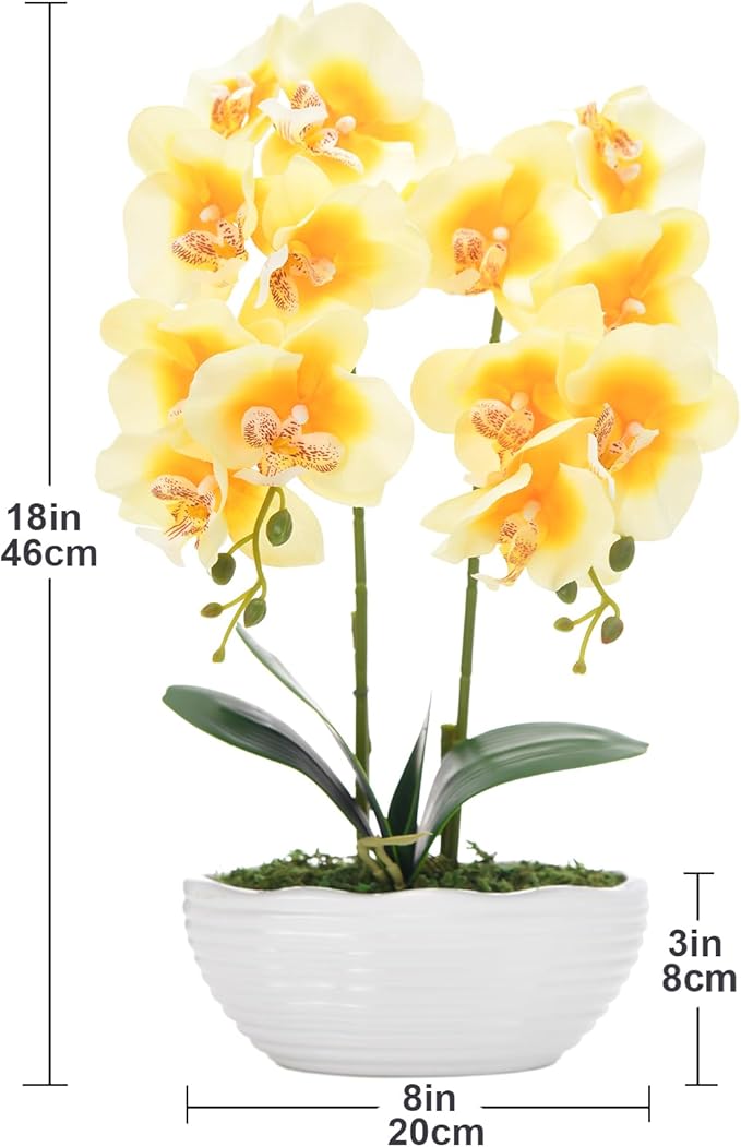 Large Artificial Potted Orchid Plant, Silk Flower Arrangement with Ceramics Vase, Yellow