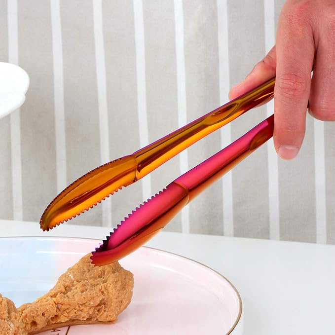 Stainless Steel Cooking Tongs for Frying, 9 Inches Serving Tongs Appetizers Charcuterie with Teeth for Parties, Food Tongs Kitchen Tongs for Nonstick Cookware, Set of 2 (Rainbow red)