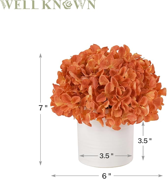 Artificial Hydrangea Flowers in Vase, Fake Flowers with White Ceramic Vase Small Faux Pot Floral Arrangement for Home Desktop plant Kitchen Bathroom Coffee Table Centerpiece Decor (Burnt Orange)
