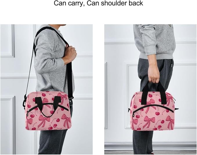 ALAZA Bow Cherry Pink Insulated Lunch Bag for Women Reusable Lunch BoxCooler Tote Bag with Shoulder Strap Men Picnic School Lunchbox