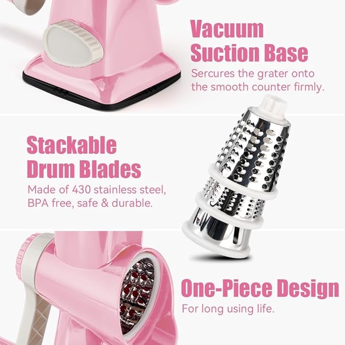 KEOUKE Rotary Cheese Grater Pro 6 in 1 - Shredder Crinkle Slicer Grinder Ice Shaver, Stable Suction, Time-saving Easy Use & Clean, Safe Morden Kitchen Tool for Cheese, Vegetable, Nuts, Chocolate