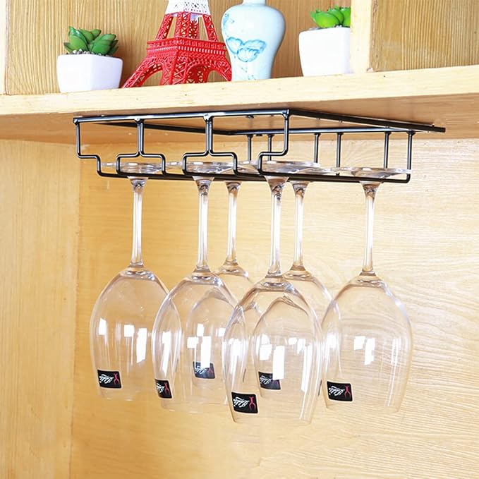 Wine Glasses Rack Under Cabinet, Wine Glass Holder, Stemware Rack, Stemware Wine Glass Holder Glasses Storage Hanger Metal Organizer, Hanging Stemware Holder for Bar Kitchen(3 Rows Matte Black)