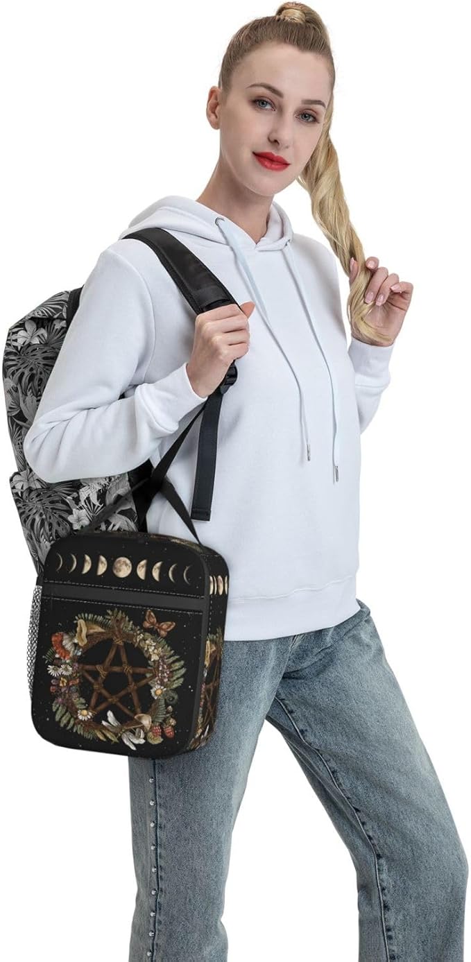 Gianlaima Wicca Moon Phase Witchy Star Magic Mushroom Insulated Lunch Box For Women And Man, Portable Lunch Bags Reusable Cooler Tote For Office Work Travel Picnic Camping Beach