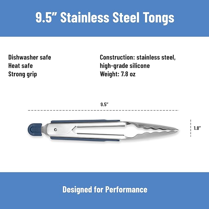 Misen Kitchen Tongs - Dishwasher Safe, Heavy Duty - Precision Stainless Steel Grilling Tool - Heat Resistant - Perfect for Serving and Air Frying - 9.5 Inch | Blue