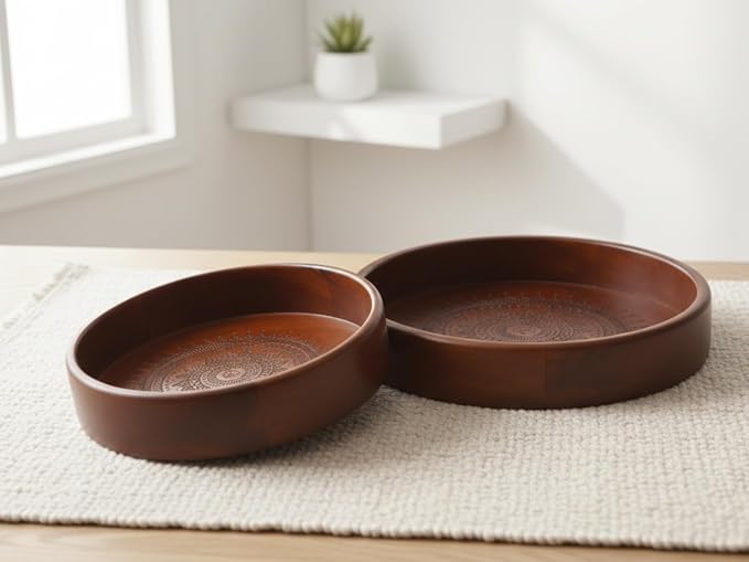 Vesta Homes Set of 2 Aurelia Premium Wood Round Serving Tray for Home/Kitchen/Restaurant/Office Organizer/Dining Table|Premium Wooden Trays|35.5 X 35.5 ; 30.5 x 30.5 cm | Handcrafted in India