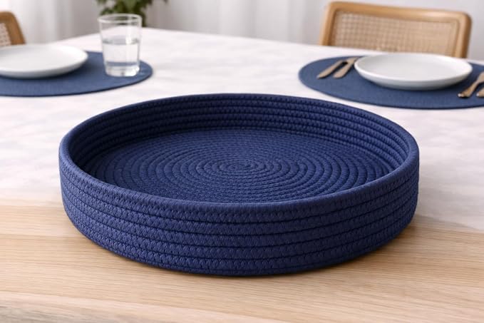 Round Placemats Set of 6 with Basket, 13" Cotton Woven Table Mats, Non-Slip Heat-Resistant, Washable Dining Chargers, Kitchen Hot Pads, Farmhouse Décor, Wedding & Holiday Use (Blue)