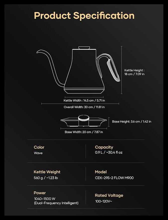 Cocinare Gooseneck Electric Kettle, ±0.5°F Precise Temperature Control, 1500W Fast Heating, Pour-Over Coffee & Tea, Stainless Steel, 0.9L (Artisan Wave Design)