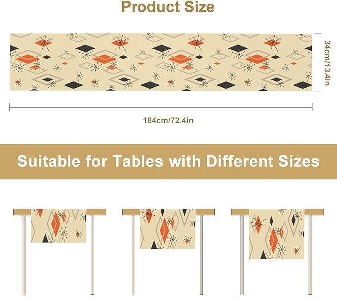 Mid Century Table Runner,Retro 1950s Modern Atomic Abstract Geometric Table Runner for Home Indoor Outdoor Kitchen Holiday Birthday Party Wedding Decor 13x60 Inch
