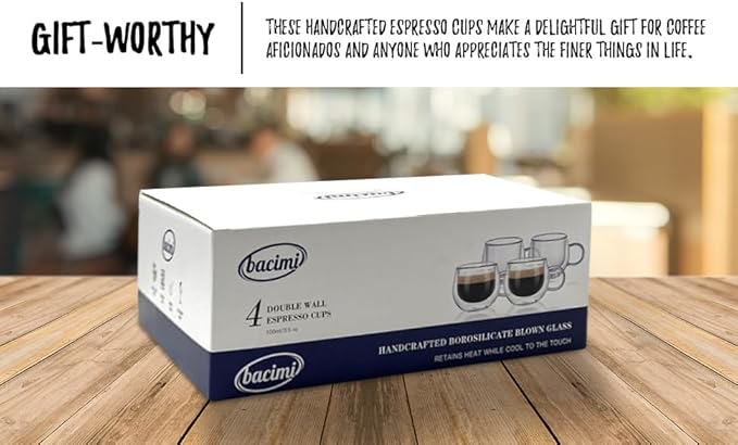Bacimi® Double Wall Insulated Espresso Coffee Cups 3.5oz Clear Borosilicate Cup with Handle - Thermal Drinking Cups for Espresso, Cappuccino, Latte, Tea, Hot Beverage, Wine - Microwave Safe Set of 4