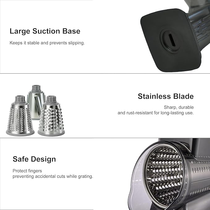 Rotary Cheese Grater Shredder Slicer - 3-in-1 Handheld Crank with Food Pusher for Hard Cheese, Vegetables, Chocolate - Ergonomic Hand Crank, Dishwasher Safe Dark Gray