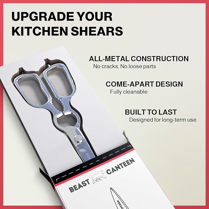 Heavy Duty Kitchen Scissors for Food — All Purpose Cooking Scissors, All Stainless Steel, No Plastic, Come-Apart Blades for Easy Cleaning, Dishwasher Safe, 5-in-1 Multi-Tool
