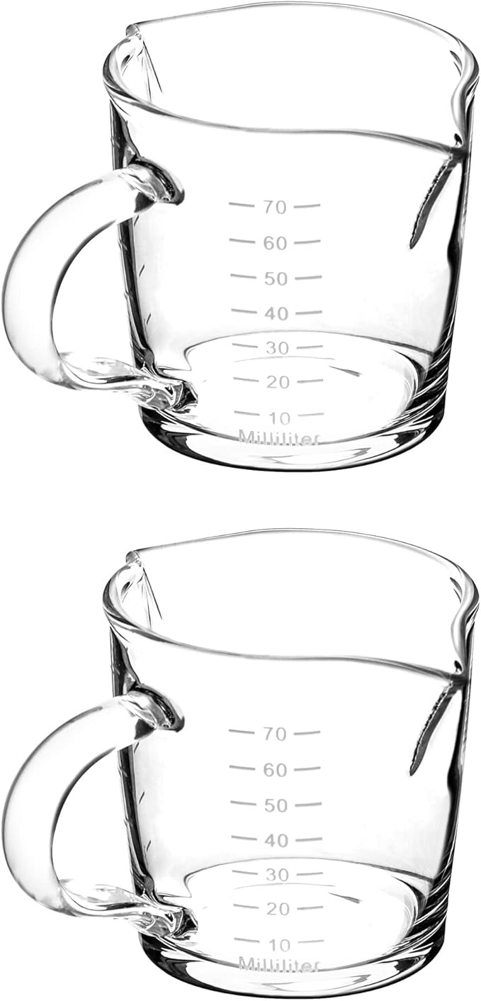 QWORK Espresso Shot Glass with Handle, 2 Pack 3-Ounce Double Spout Glass Measuring Cup Triple Pitcher Milk Cup with Two Scales (OZ&ML)
