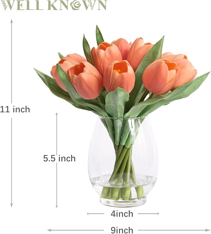 WELL KNOWN 12 Pcs Fake Tulips Artificial Flowers in Vase with Faux Water, Peach Pink Foam Tulips Arrangements with Vase for Home Office Wedding Dining Table Centerpiece Party Decor & Birthday Gift