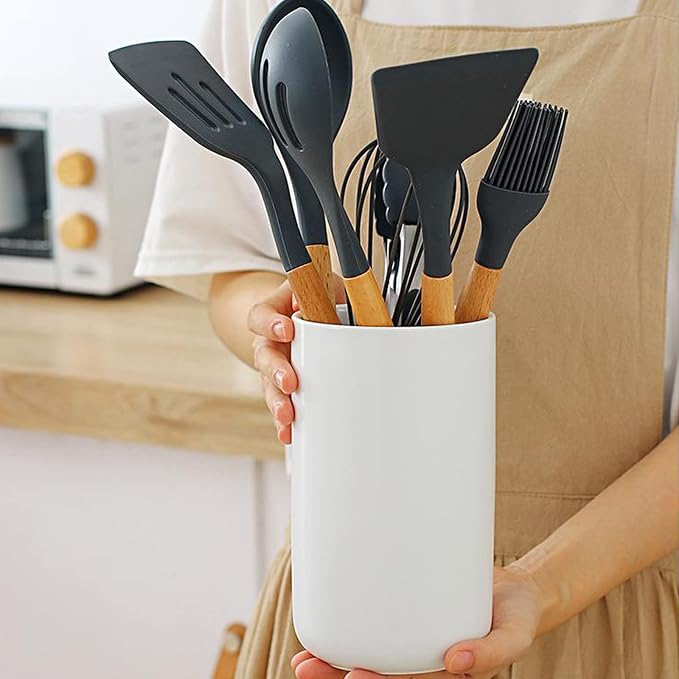 Ceramic Utensil Holder, Black Kitchen Utensil Holder for Countertop Large Utensil Crock Modern Cooking Utentsils Holder Kitchen Spatula Holder Farmhouse Kitchen Decor for Counter Organizer(Green/L)
