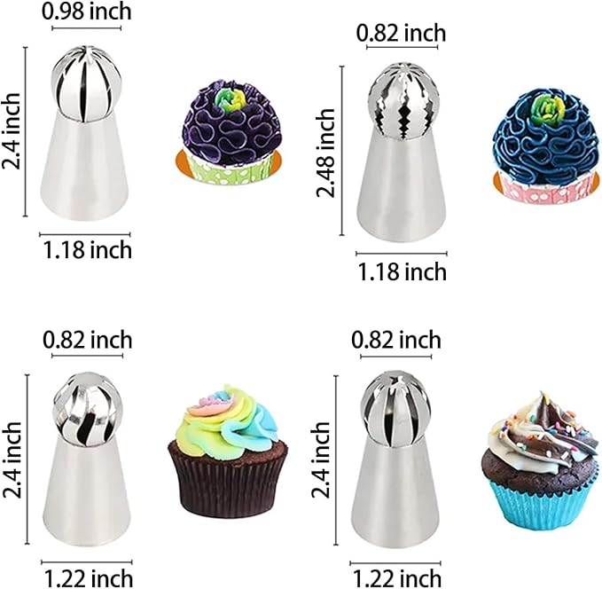 Russian Ball Piping Tip Set, 4-Piece Stainless Steel Cream Nozzles, Baking Tools Suitable for Ice Cream, Cookies, Cupcakes, and Cake Decorating