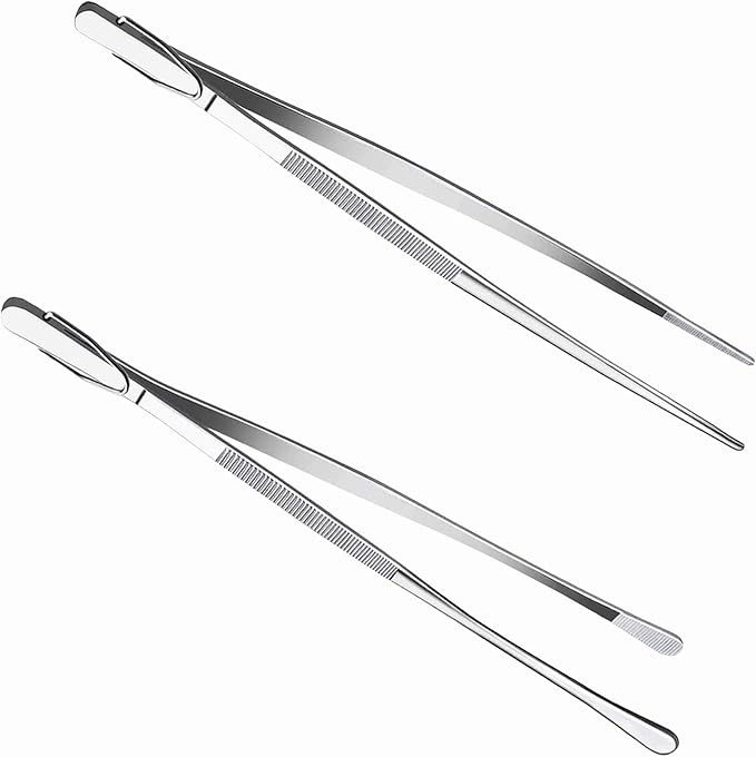 12Inch BBQ Long Forceps Tweezers, Serrated Flat Tips Science Surgical Tongs Jewelers Needle Metal Sewing Sharp Kitchen Cooking Tweezers With Teeth Knurled Handles