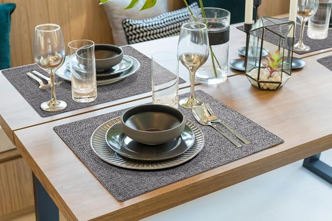 homing Faux Cotton Linen Placemats Set of 6, Cloth Washable Farmhouse Dining Table Mats for Indoors & Outdoors, Easy to Clean, Dark Grey, 13 x 19 Inch