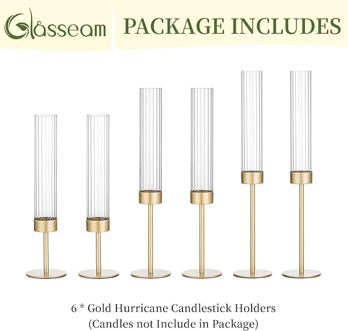 Glasseam Tapered Gold Candlestick Holders: 6 Pcs Tall Brass Taper Candle Holder with Ribbed Glass Cylinder - Hurricane Fluted Candle Holders for Table Centerpiece Wedding Party Christmas Decorations