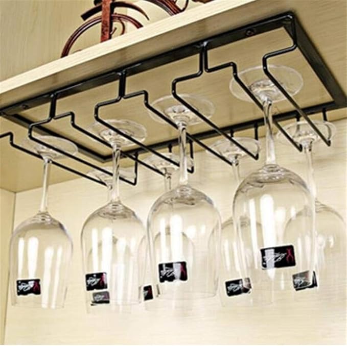 Stemware Racks, Wine Glass Holder, Metal Iron Bar Under Cabinet Display Hanging Shelf, Goblet Rack Hang, Drinking Glass Cup Storage Organizer Stand for Kitchen Dining Bar Organization Tool (4 Rows)