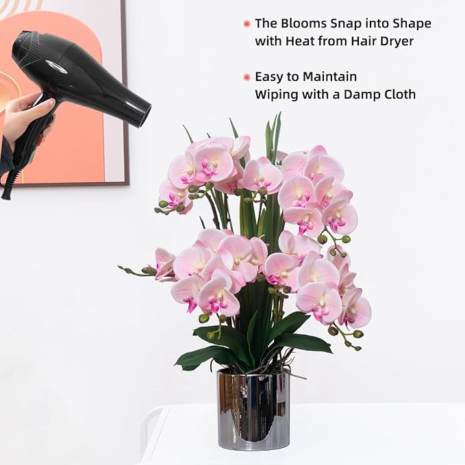 CXGS Artificial Orchid Flower Plants Real Touch Faux Orchids in Ceramic Vase 20.9'' Pink Phalaenopsis Orchid Fake Flower Arrangement Home Indoor Decor