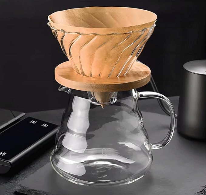 Glass Coffee Dripper/Filter - Glass Pour Over Coffee Cone with Bamboo Stand, Drip Coffee Maker Funnel Accessories for Home or Office, 1-5 Cups