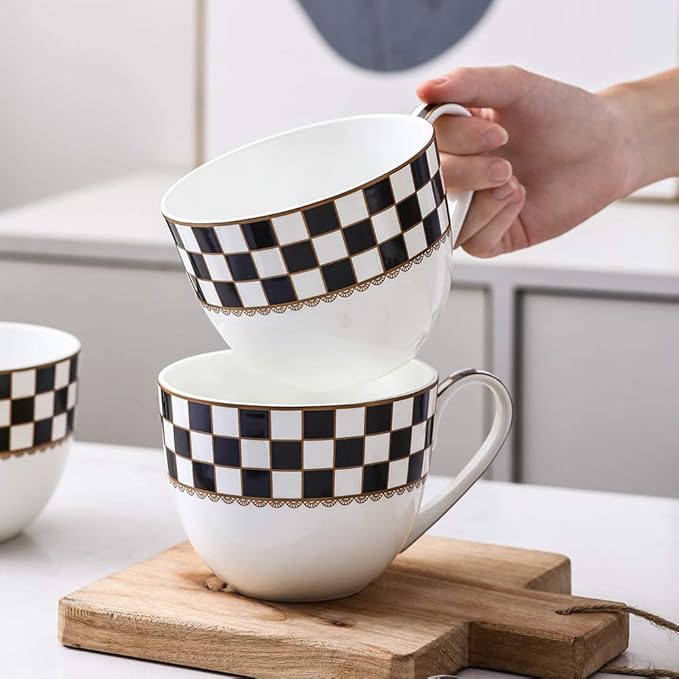 Porlien Checker Pattern 23-ounce Large Soup Bowls, Large Soup Mugs with Handles, Porcelain Cereal Bowls Set of 4