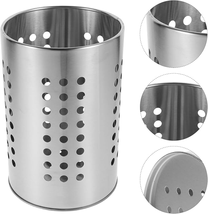 Unomor Stainless Steel Kitchen Utensil Holder with Drain Holes - 7.00 Inch Cutlery Organizer for Chopsticks Spoons & Forks - Countertop Storage for Kitchen Supplies