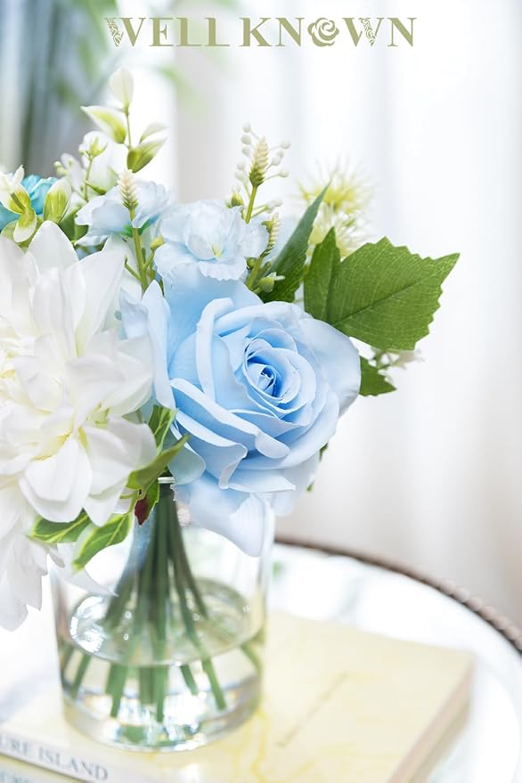 WELL KNOWN Artificial Flowers in Glass Vase with Fake Water, Silk Rose Dahlia Peony Flower Bouquet for Home Dining Coffee Table Office Hotel Wedding Party Lavatory Decor & Birthday Gift (Blue & White)