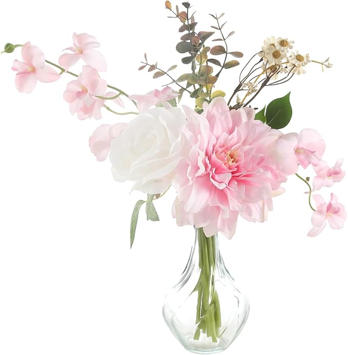 Faux Flowers with Vase,Small Artificial Silk Roses in Vase, Fake Plant Eucalyptus Flower Arrangement for Home Office Decoration, Living Room and Dining Table Centerpiece