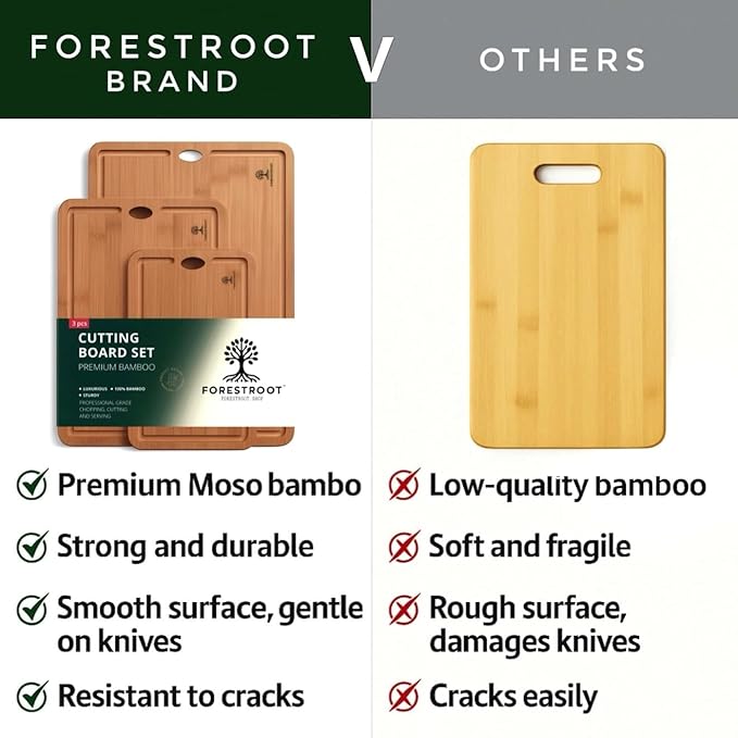 Bamboo Cutting Board Set – Durable 3-Piece Carbonized Brown Bamboo Boards with Deep Juice Grooves & Hanging Holes, Eco-Friendly Wooden Cutting Boards for Meat, Vegetables & Fruits